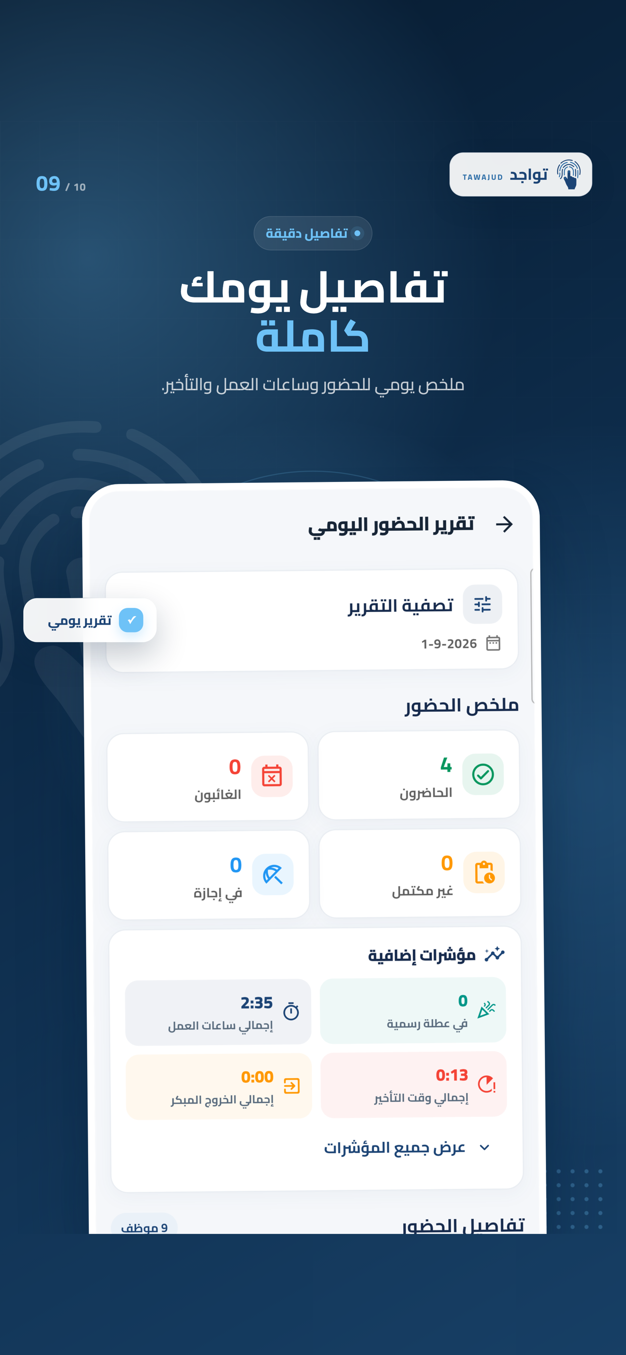 تقرير الحضور اليومي — تطبيق تواجد